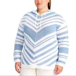 CHAPS Nautical Striped Blue & White Relaxed Fit Cotton, Linen Blend Knit Hoodie